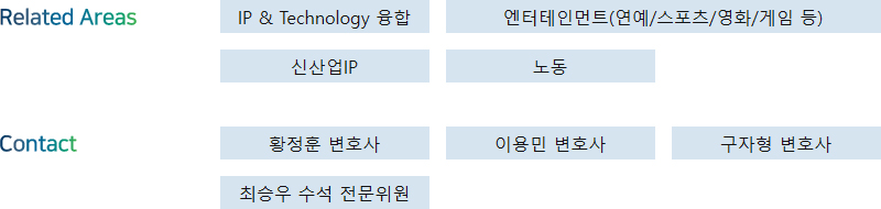 Related Areas: IP & Technology 융합, 엔터테인먼트(연예/스포츠/영화/게임 등), 신산업IP, 노동 + Contact: 황정훈 변호사, 이용민 변호사, 구자형 변호사, 최승우 수석 전문위원